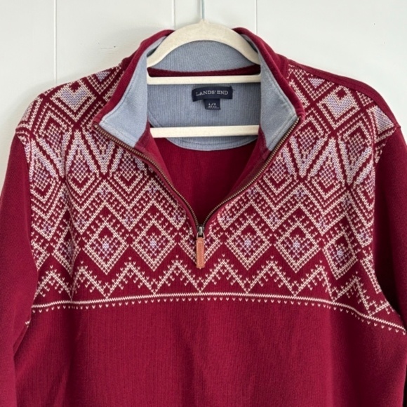Lands' End 1/4 zip burgundy pullover 100% cotton nordic style sweater size L/T - Picture 5 of 15